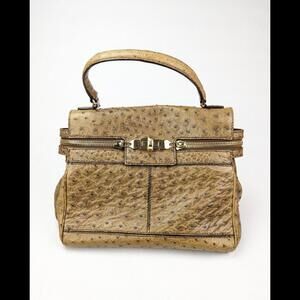 [SOLD] NWT MAX MARA Margaux Ostrich Leather Top Handle Shoulder Bag Tan Turnlock